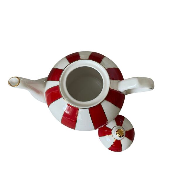 Grace Teaware Fine Porcelain Teapot Holiday Red White Gold Peppermint Stripe New - Picture 15 of 16